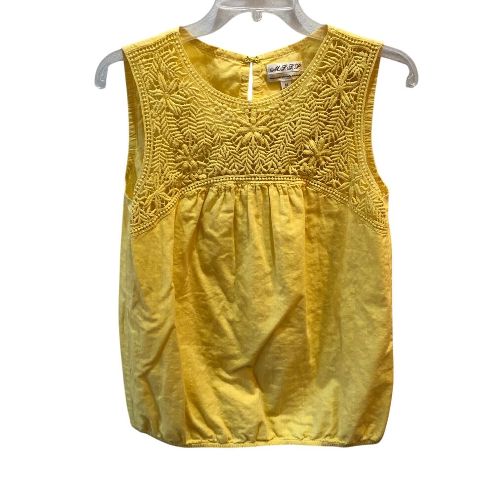 M.S.S.P.  Womens Medium Yellow Floral Lace Sleeveless Cotton Top Shirt Blouse M